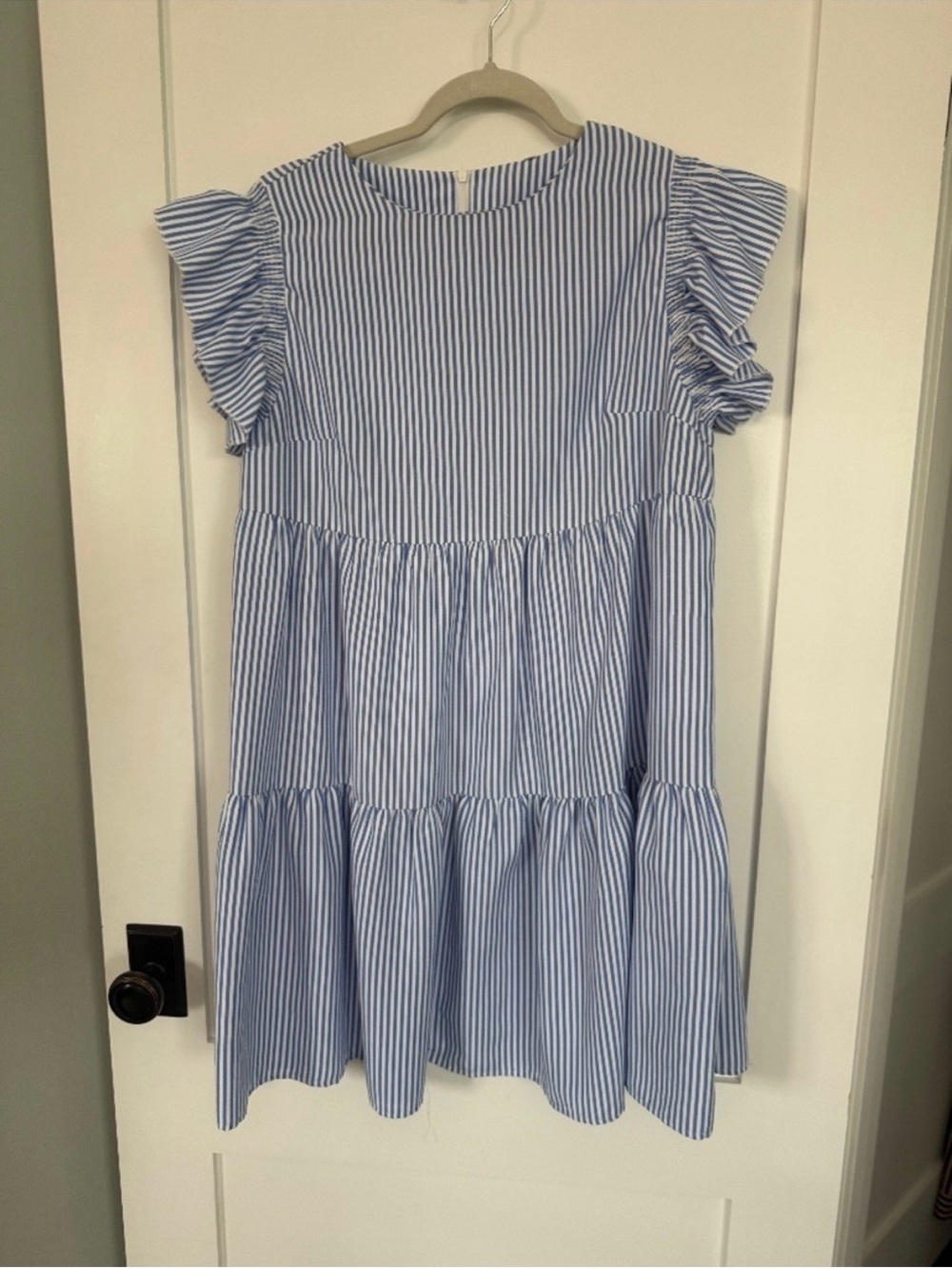 Ladies Blue & White Stripe Ruffle Sleeve Dress